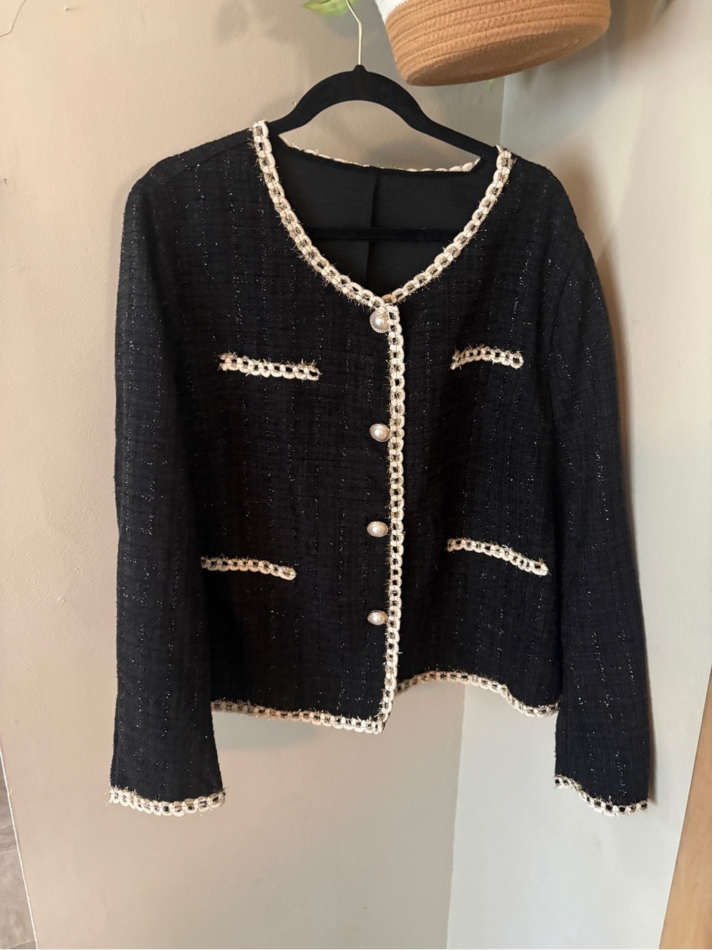SHEIN Black Tweed Jacket with Cream Trim & Pearl Buttons